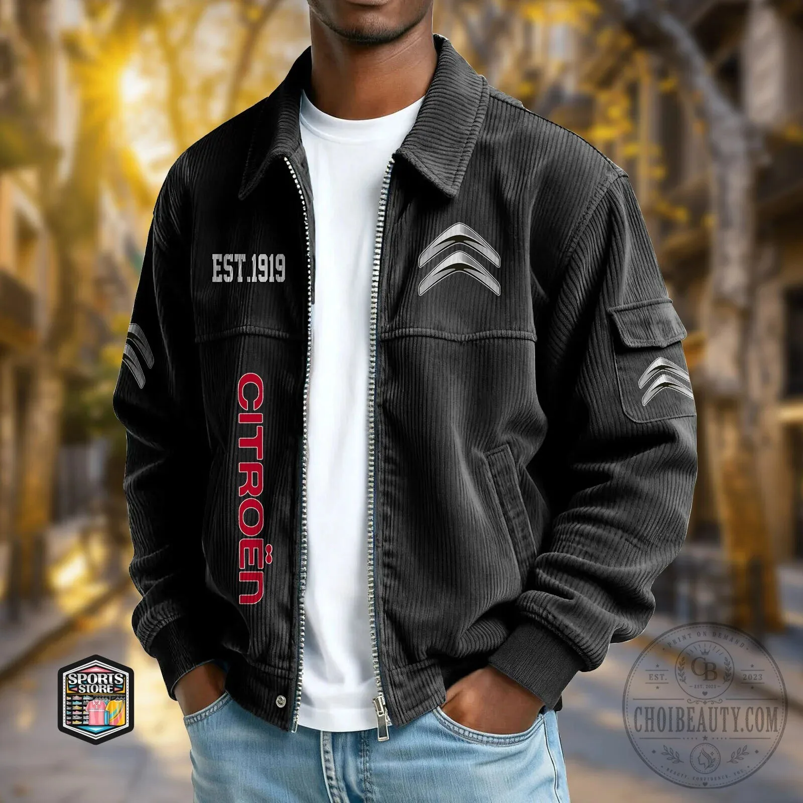 Citroen Est 1919 Black Corduroy Full Zip Bomber Jacket